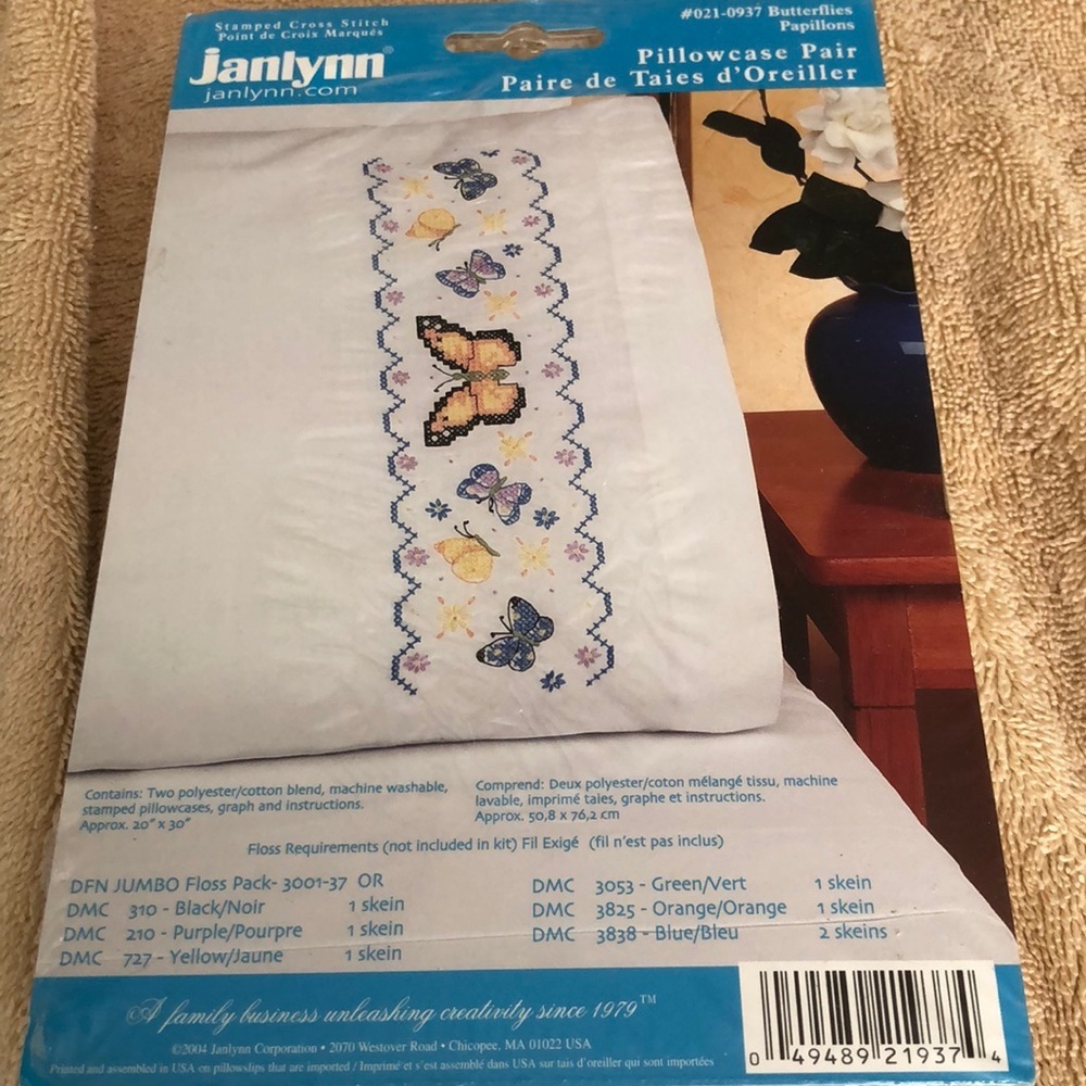 JanLynn Butterflies Embroidery Pillowcase 2 Pak 20 x 30 Stamped Cross Stitch